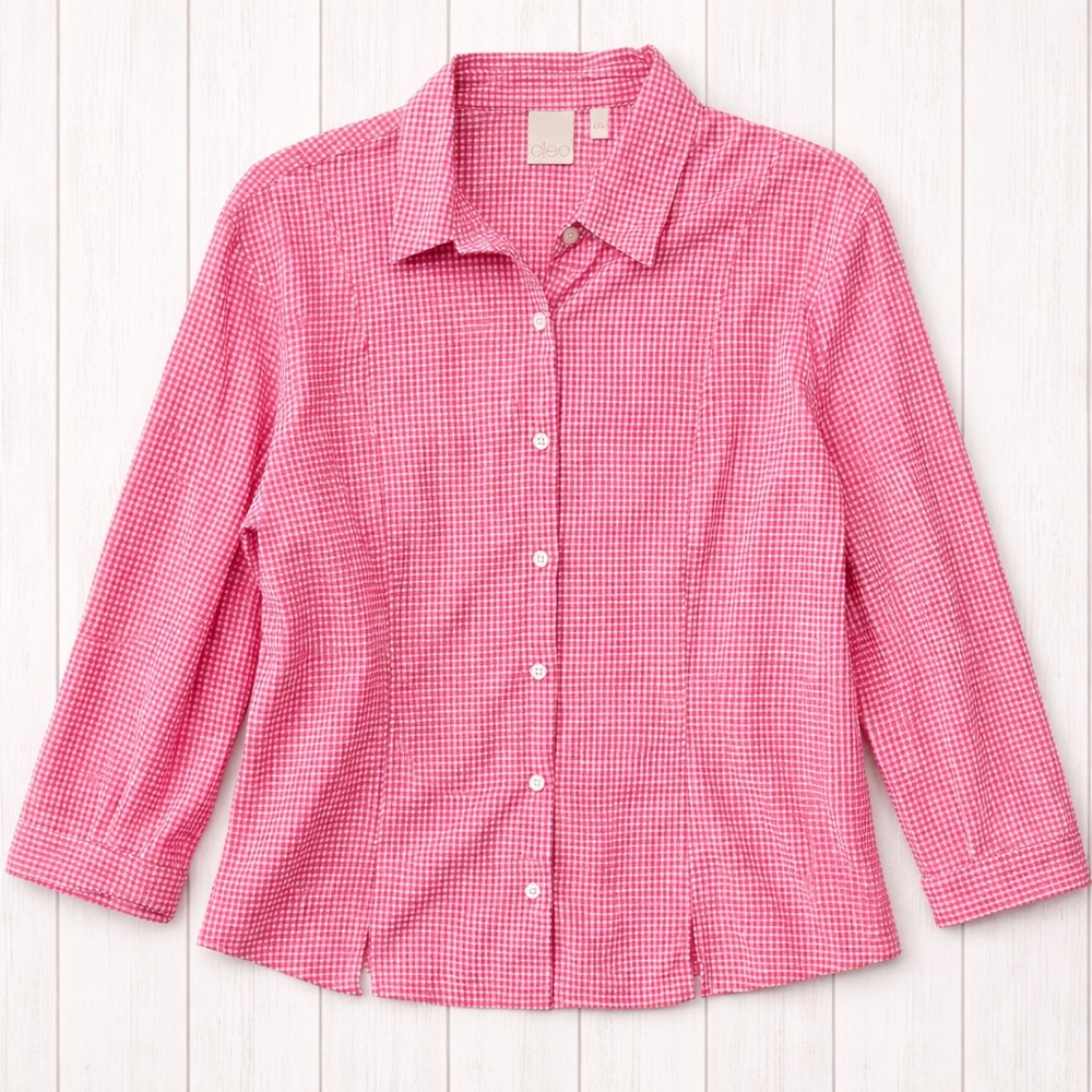 🩷 Cleo Pink & White Gingham Checkered Blouse Women’s Large Cotton Stretch - Picture 5 of 6